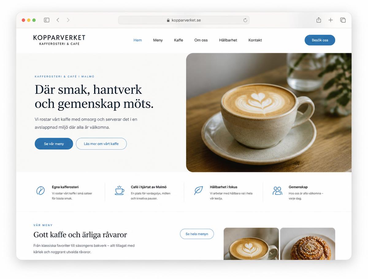 Skärmdump av hemsidan för Kopparverket Café