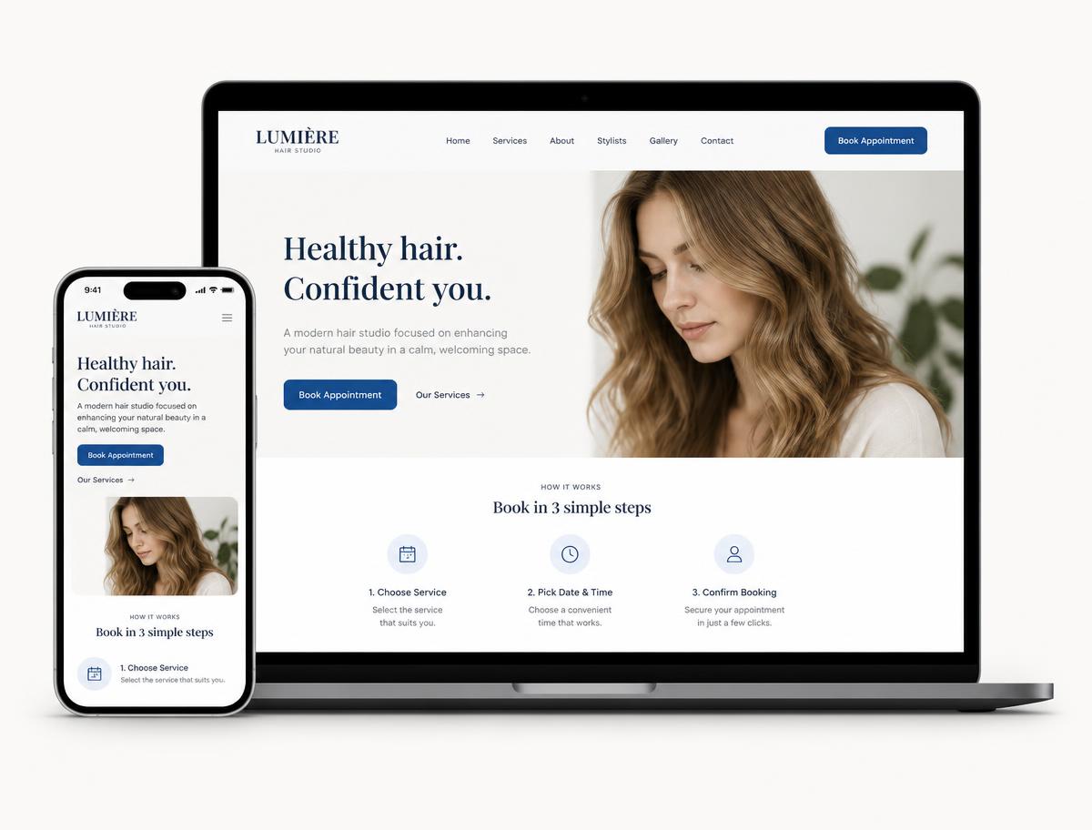 Skärmdump av hemsidan för Lumière Hair Studio